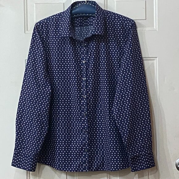NEW Lands'End Supima No-Iron Sz 18 Blouse Shirt Long Sleeve Navy Polka Dot - Picture 1 of 12